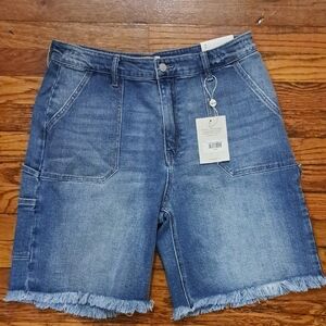 bohme Medium Blue Frayed-Hem Denim Utility Shorts